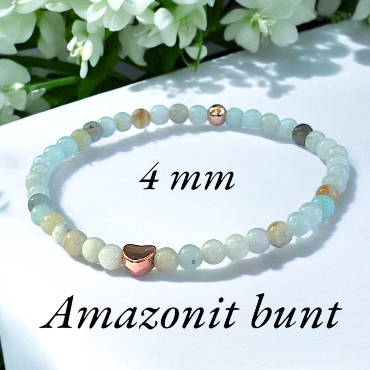 Perlenarmband Amazonit bunt mit  14 k rosèvergoldeten Elementen - Edelsteinarmband - Handmade - inclusive edler Geschenkbox