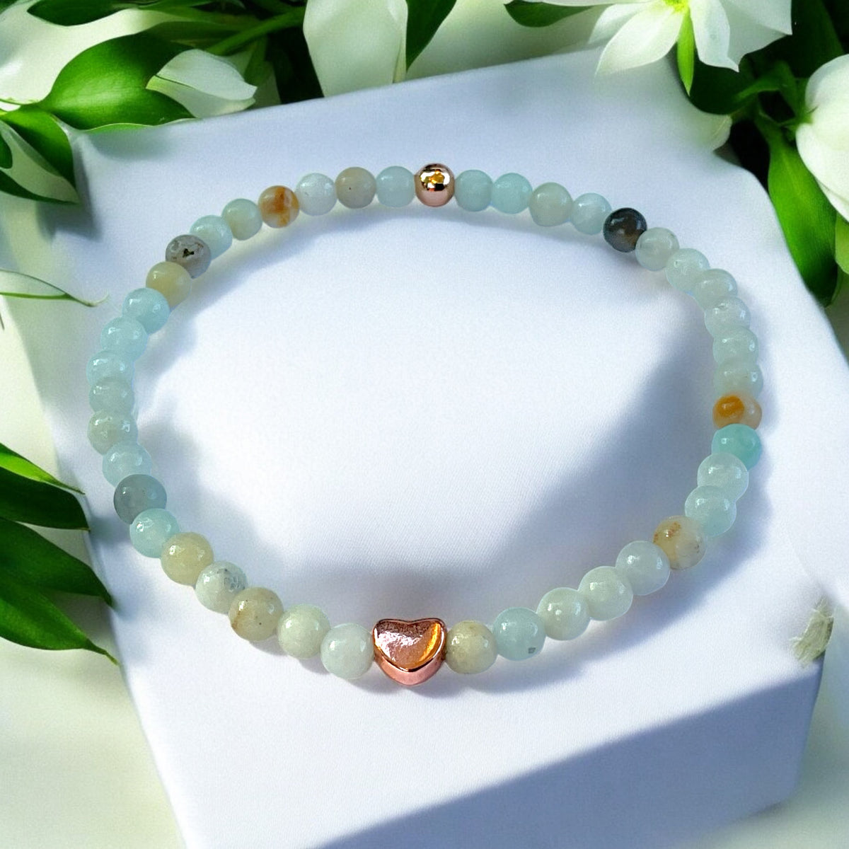Perlenarmband Amazonit bunt mit  14 k rosèvergoldeten Elementen - Edelsteinarmband - Handmade - inclusive edler Geschenkbox