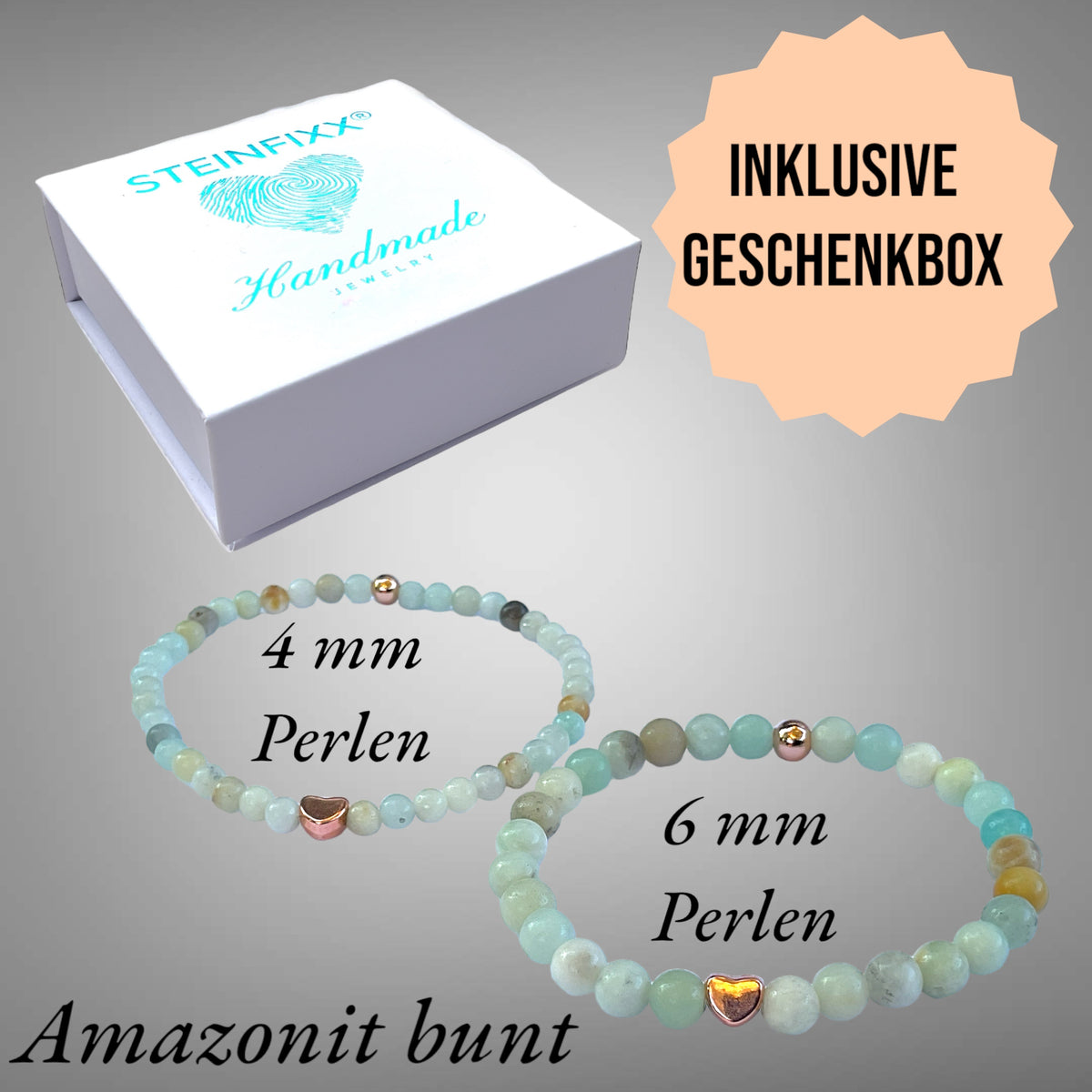 Perlenarmband Amazonit bunt mit  14 k rosèvergoldeten Elementen - Edelsteinarmband - Handmade - inclusive edler Geschenkbox