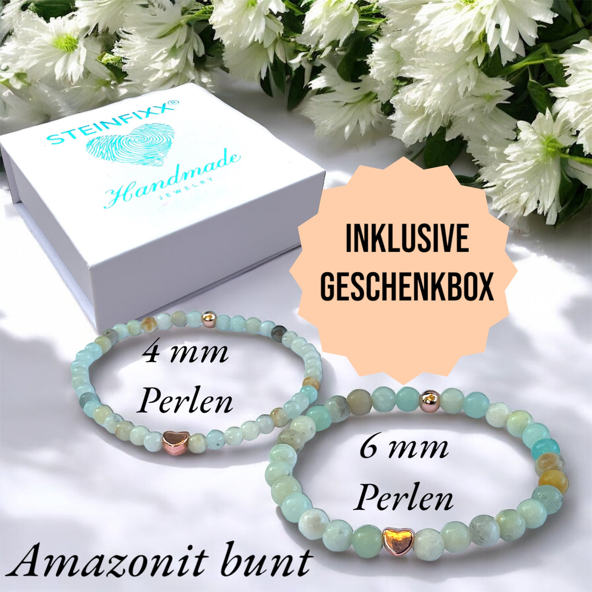 Perlenarmband Amazonit bunt mit  14 k rosèvergoldeten Elementen - Edelsteinarmband - Handmade - inclusive edler Geschenkbox
