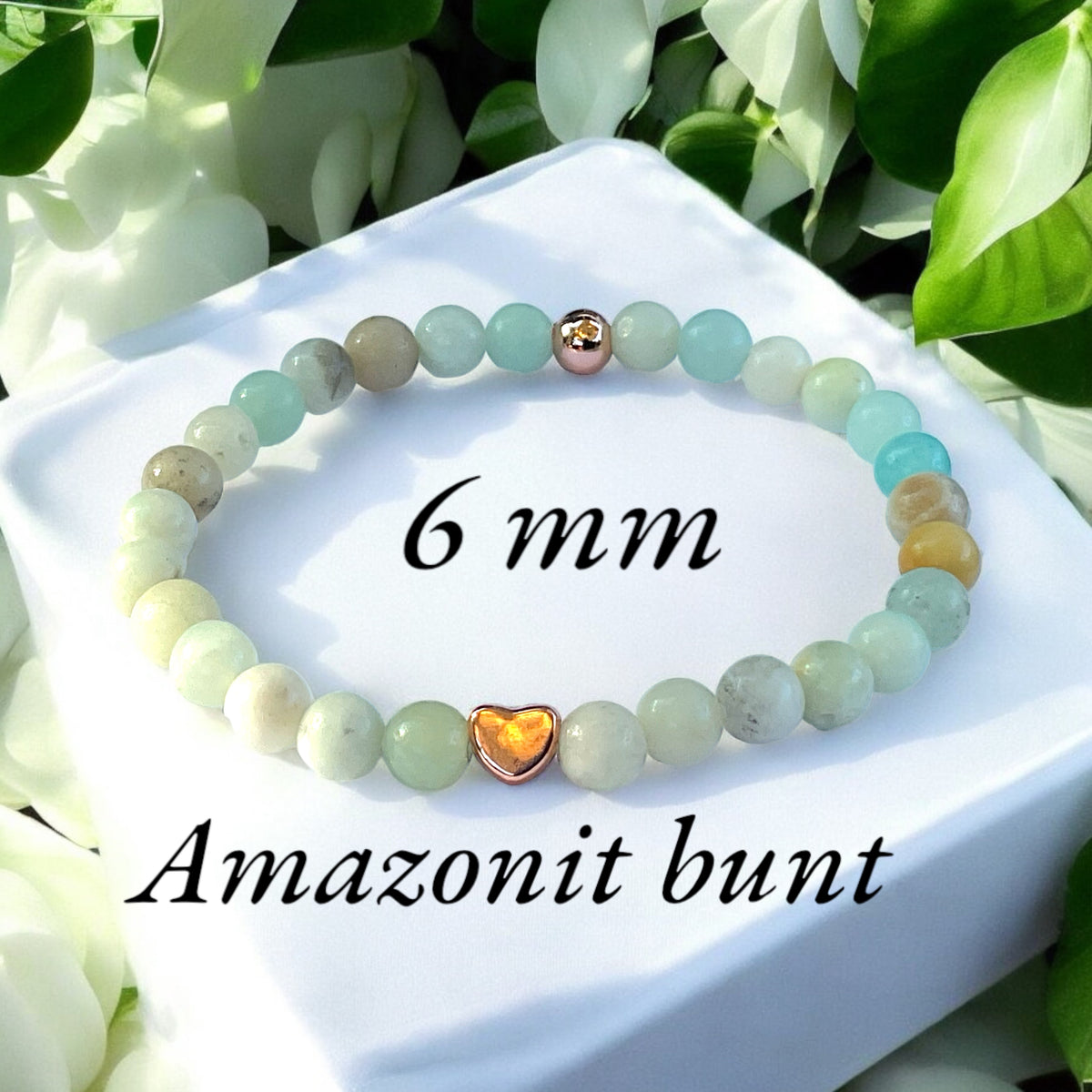 Perlenarmband Amazonit bunt mit  14 k rosèvergoldeten Elementen - Edelsteinarmband - Handmade - inclusive edler Geschenkbox