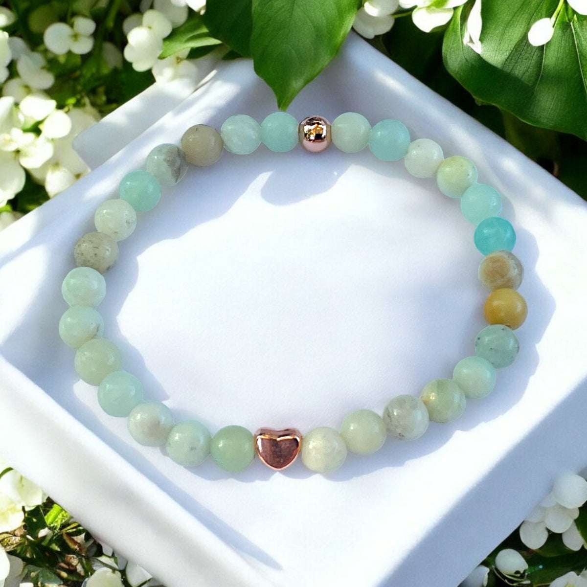 Perlenarmband Amazonit bunt mit  14 k rosèvergoldeten Elementen - Edelsteinarmband - Handmade - inclusive edler Geschenkbox