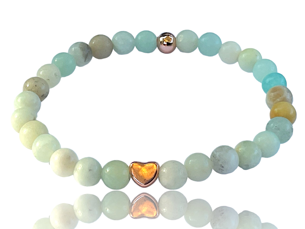 Perlenarmband Amazonit bunt mit  14 k rosèvergoldeten Elementen - Edelsteinarmband - Handmade - inclusive edler Geschenkbox