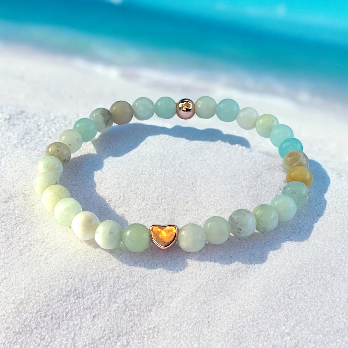 Perlenarmband Amazonit bunt mit  14 k rosèvergoldeten Elementen - Edelsteinarmband - Handmade - inclusive edler Geschenkbox