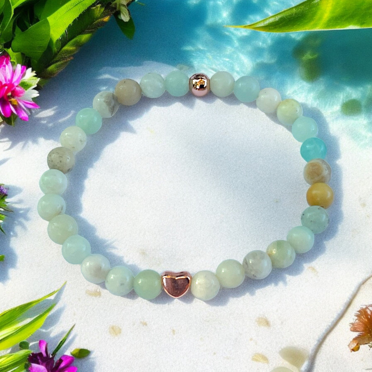 Perlenarmband Amazonit bunt mit  14 k rosèvergoldeten Elementen - Edelsteinarmband - Handmade - inclusive edler Geschenkbox