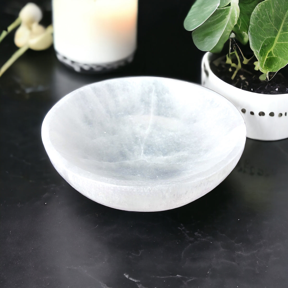 Steinfixx - Grosse Selenit Ladeschale Bowl Ø 13cm- ca. 600 Gramm - Landhaus - Marokko
