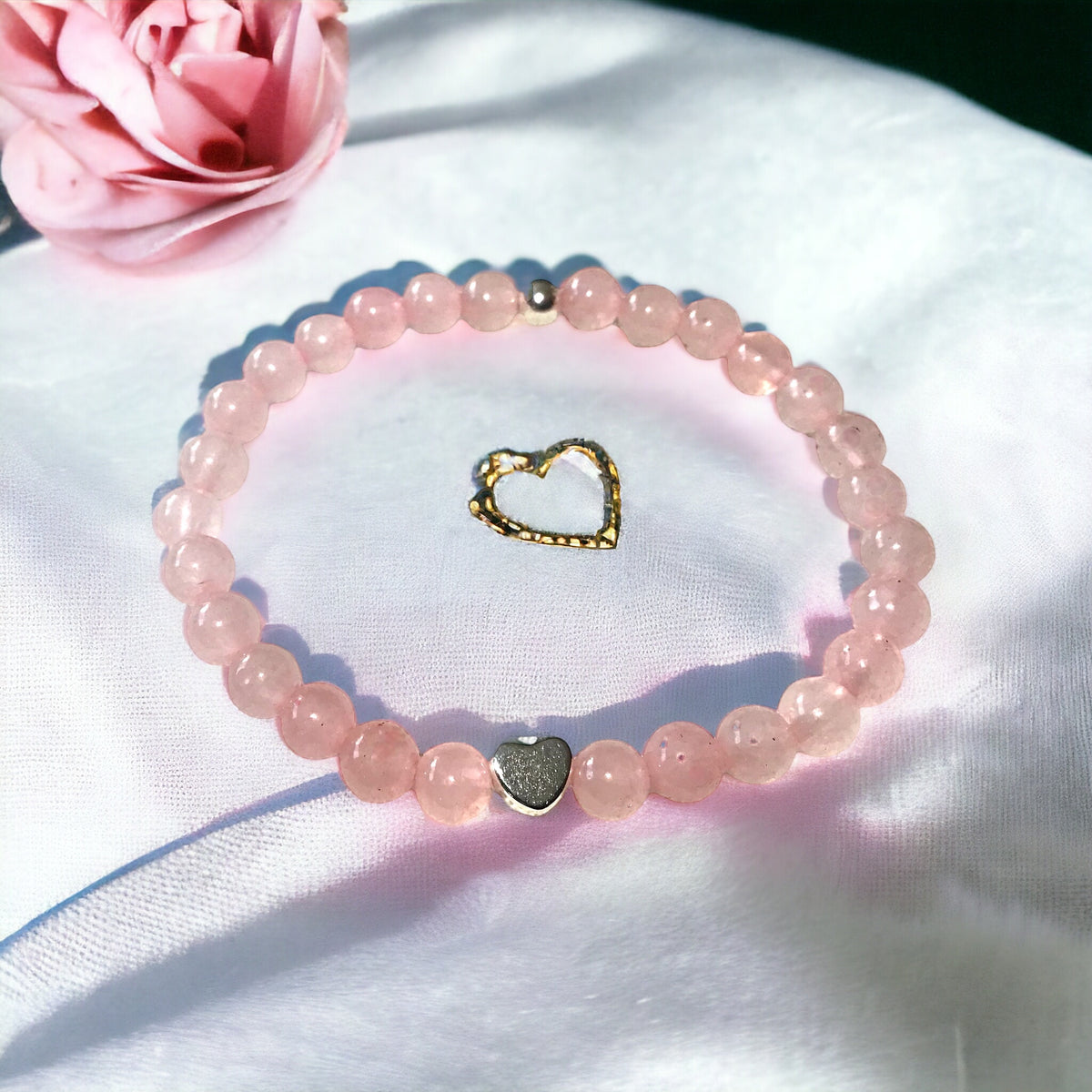 Steinfixx® - Echtes Rosenquarz Perlenarmband mit 925 Silberperle und versilbertem Herz - Hochwertiges Edelsteinarmband handgefertigtChakra-Armband für Damen & Herren