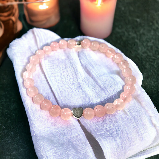Steinfixx® - Echtes Rosenquarz Perlenarmband mit 925 Silberperle und versilbertem Herz - Hochwertiges Edelsteinarmband handgefertigtChakra-Armband für Damen & Herren
