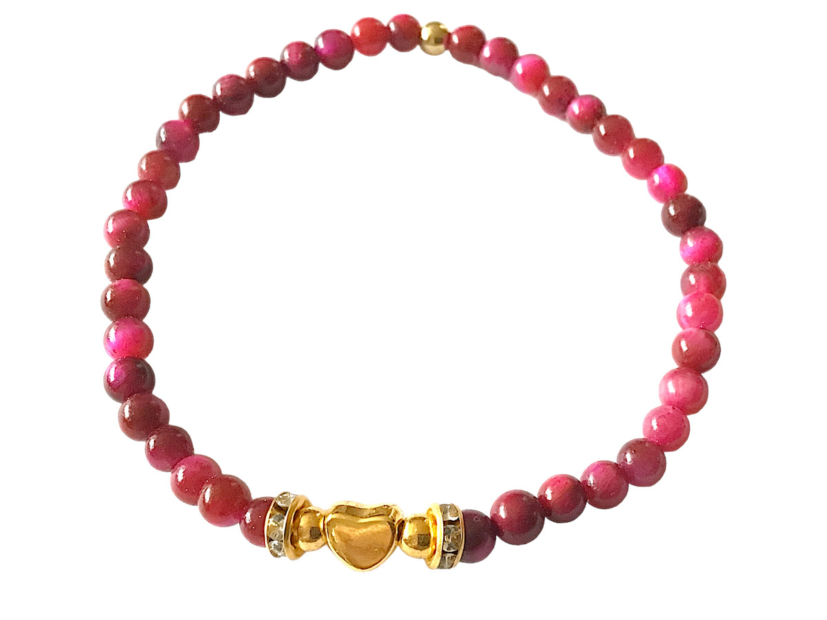 Steinfixx® - Rotes Tigerauge Perlenarmband handgemacht mit vergoldeten Perlen, Trennern und Herzchen  - STARKER SCHUTZSTEIN - in Geschenkbox - Hochwertiges Edelsteinarmband Handmade