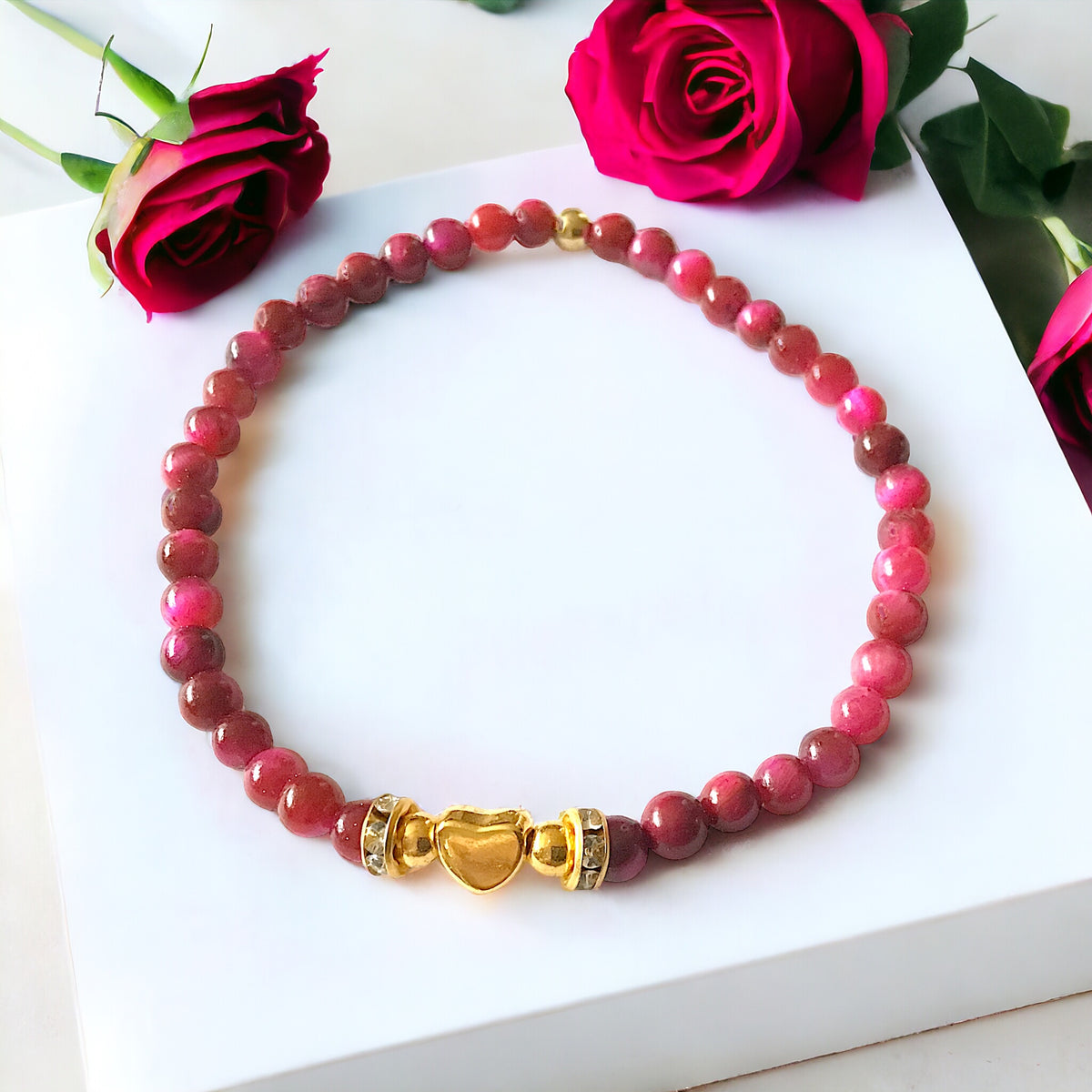 Steinfixx® - Rotes Tigerauge Perlenarmband handgemacht mit vergoldeten Perlen, Trennern und Herzchen  - STARKER SCHUTZSTEIN - in Geschenkbox - Hochwertiges Edelsteinarmband Handmade