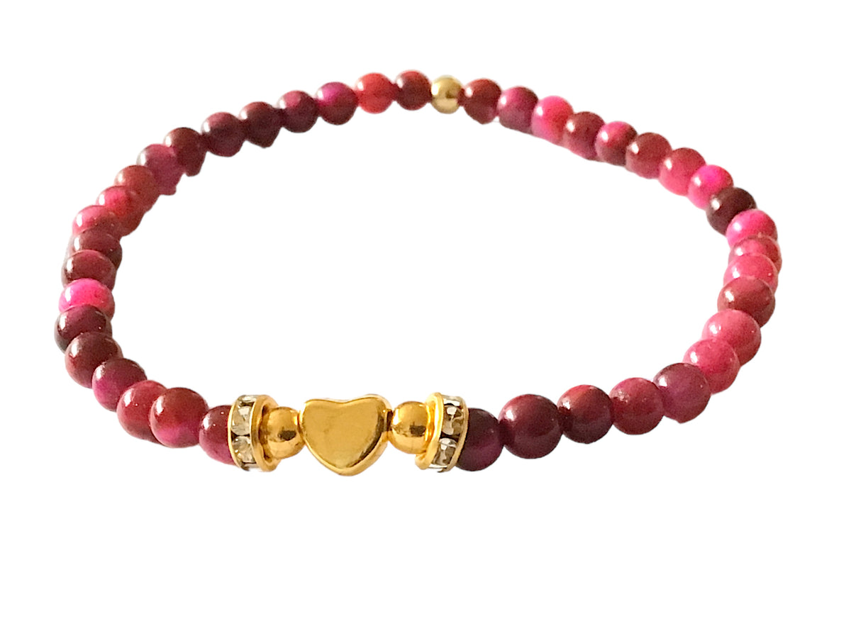 Steinfixx® - Rotes Tigerauge Perlenarmband handgemacht mit vergoldeten Perlen, Trennern und Herzchen  - STARKER SCHUTZSTEIN - in Geschenkbox - Hochwertiges Edelsteinarmband Handmade