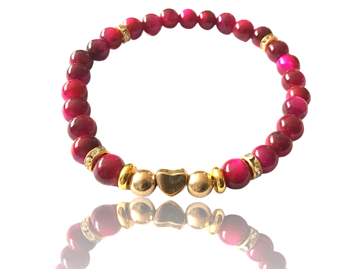 Steinfixx® - Rotes Tigerauge Perlenarmband handgemacht mit vergoldeten Perlen, Trennern und Herzchen  - STARKER SCHUTZSTEIN - in Geschenkbox - Hochwertiges Edelsteinarmband Handmade