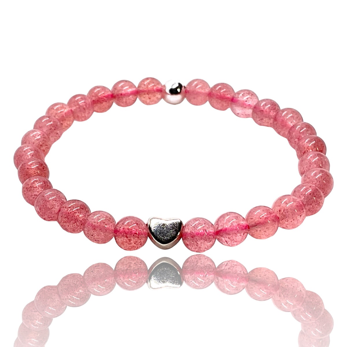 Edelstein Perlenarmband aus Erdbeerquarz - Hochwertige Heilsteine mit 925 Silberperlen und entzückendem Herzchen - handgefertigt - in Geschenkbox - Lebensfreude und Humor