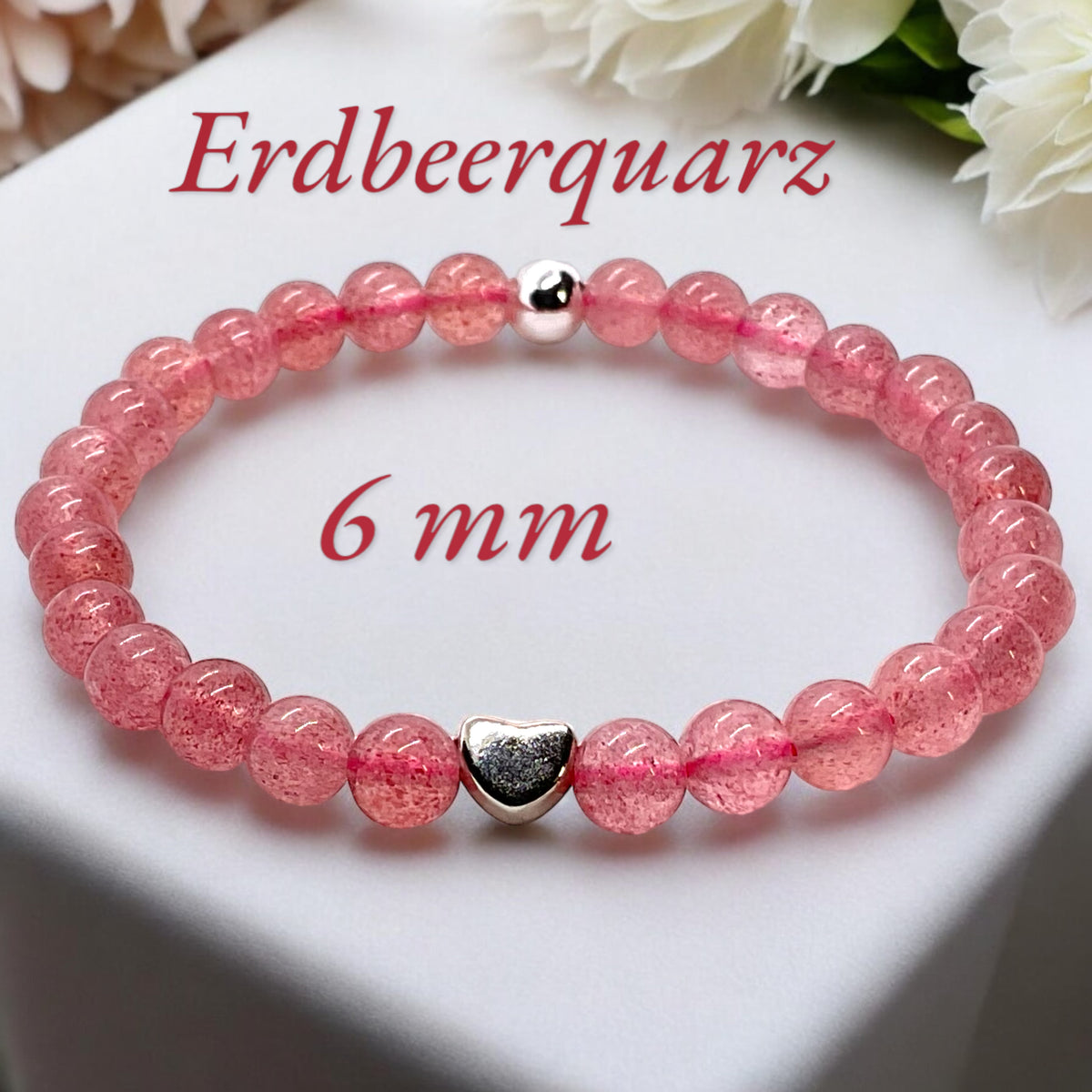 Edelstein Perlenarmband aus Erdbeerquarz - Hochwertige Heilsteine mit 925 Silberperlen und entzückendem Herzchen - handgefertigt - in Geschenkbox - Lebensfreude und Humor