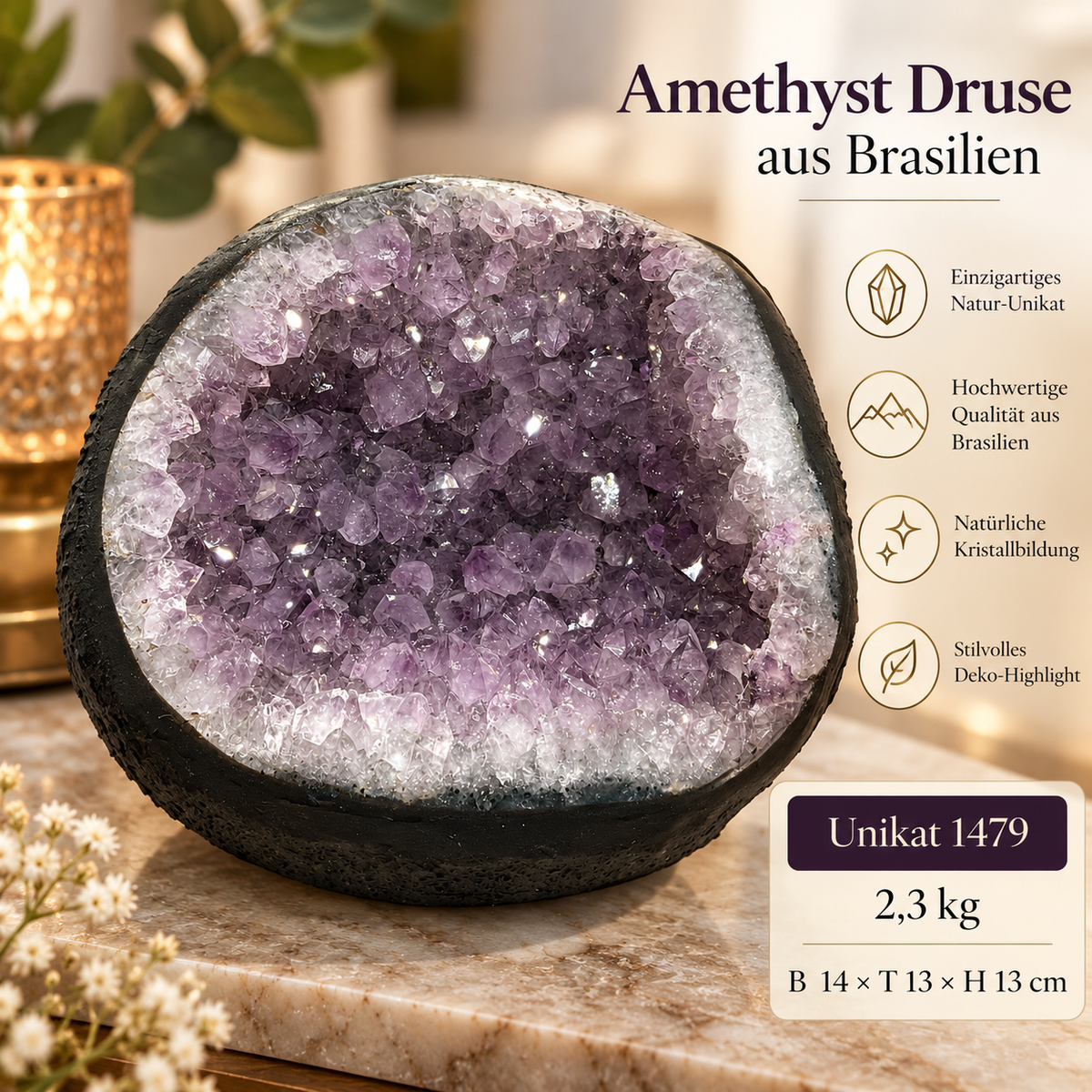 Amethyst Druse AAA-Qualität mit funkelnder Kristallhöhle – 2,3 kg – 14 x 13 x 13 cm – Edelstein Dekoration & Sammlerstück – Unikat Masterpiece 1479 – Brasilien