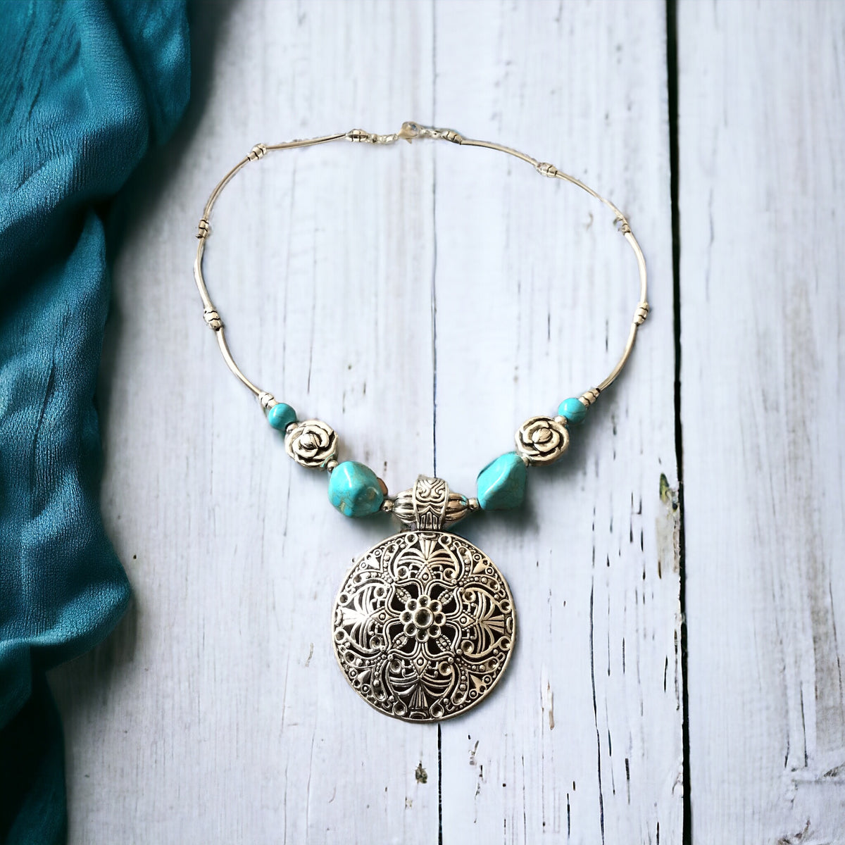 Mächtige Kette Vintage mit Türkenit  | Trachtenschmuck | Edelstahl versilbert | Ihre Energie immer dabei