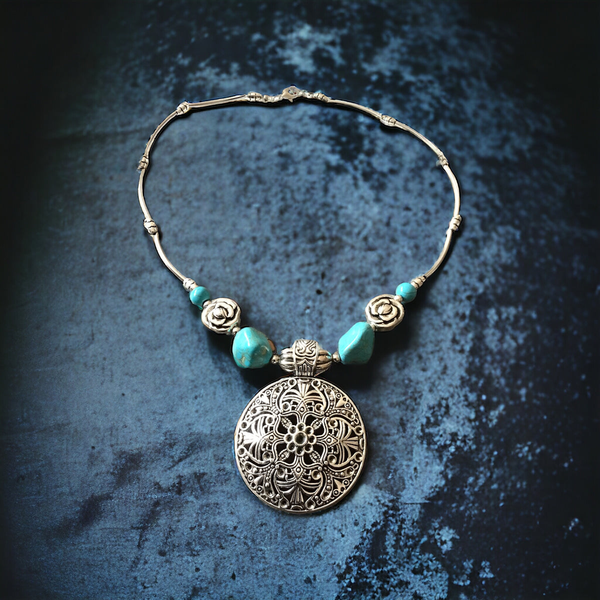 Mächtige Kette Vintage mit Türkenit  | Trachtenschmuck | Edelstahl versilbert | Ihre Energie immer dabei