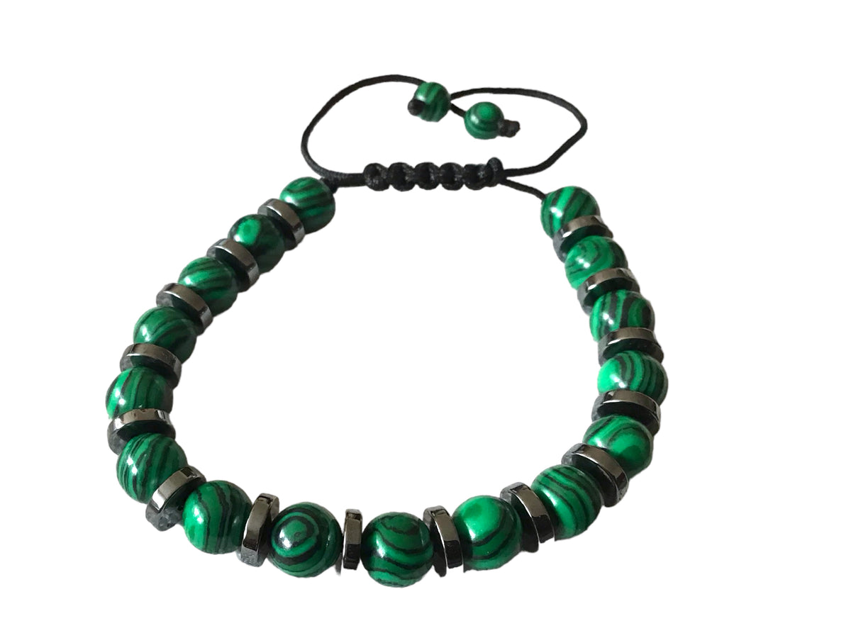 Malachitglas-Hämatit Perlenarmband 6mm mit Makramee Verschluss | verstellbar | Der Blut- und Reisestein