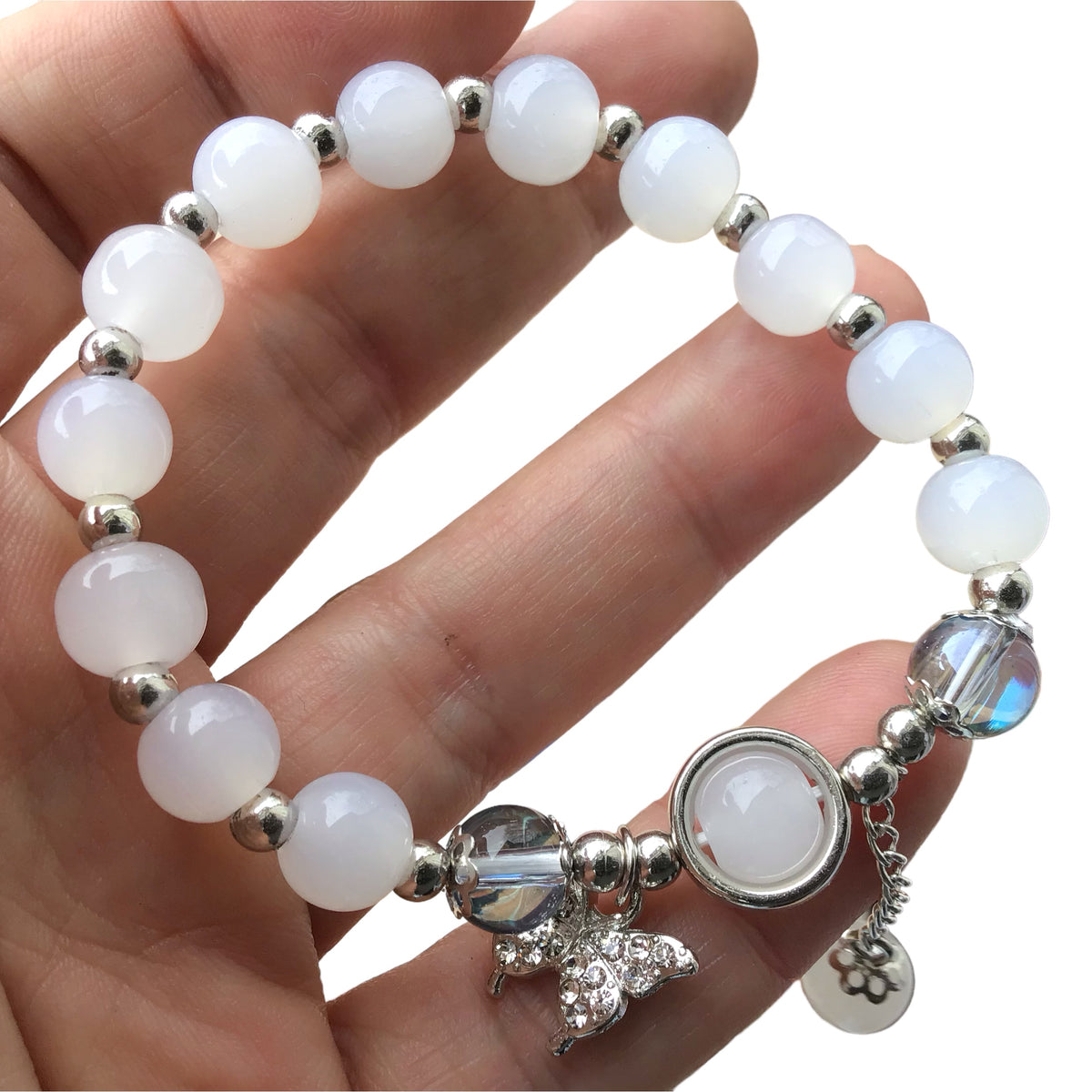 Zauberhaftes Mondstein Armband mit bedampften Aura-Glasperlen und Schmetterling | Edelstahl versilbert | in Samtsäckchen | Ihre Energie immer dabei