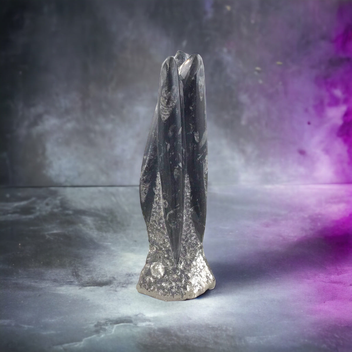 Orthoceras Fossilien Skulptur – ca. 23 cm Naturstein aus Marokko – 1200 g Fossilienmarmor mit echten Urzeit-Fossilien – Deko Statue / Turm