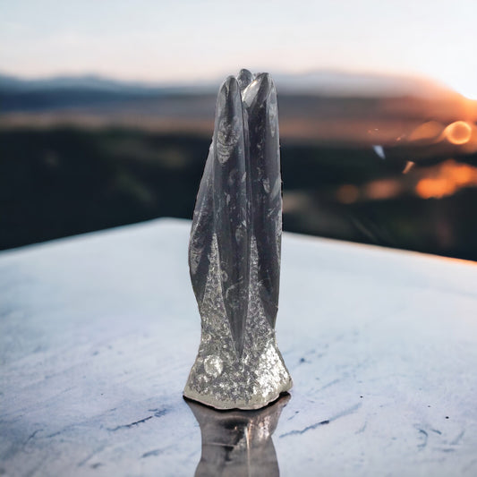 Orthoceras Fossilien Skulptur – ca. 23 cm Naturstein aus Marokko – 1200 g Fossilienmarmor mit echten Urzeit-Fossilien – Deko Statue / Turm