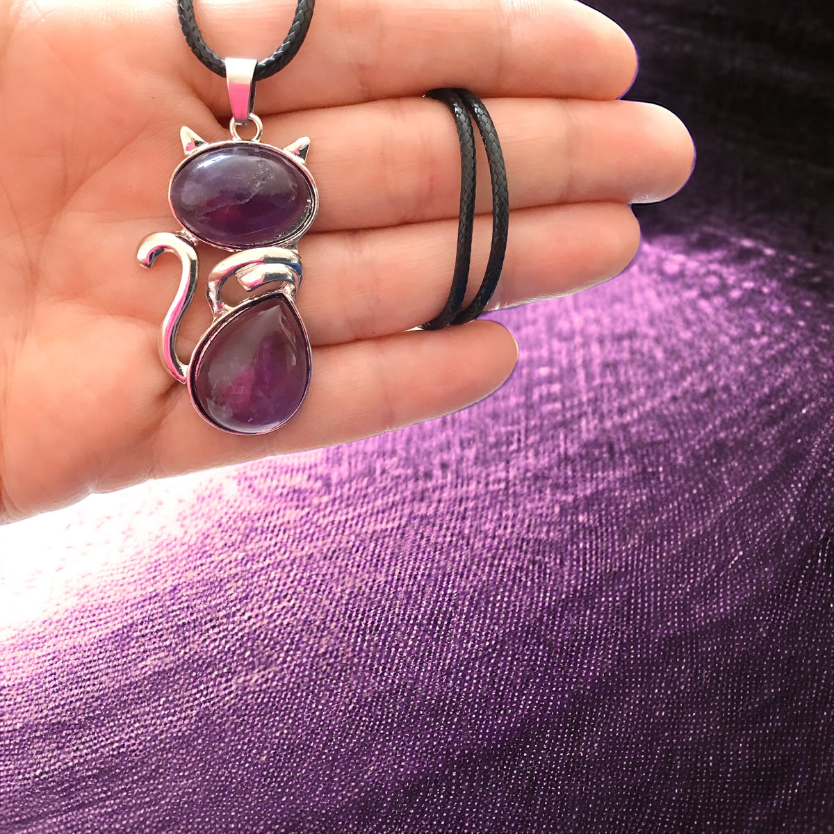 Für Katzenliebhaber <3 Steinfixx® - Edelstein Kette mit Katzen Anhänger | doppelte Edelsteine | Edelstahl versilbert | für Katzenliebhaber |farbintensiv | Sale
