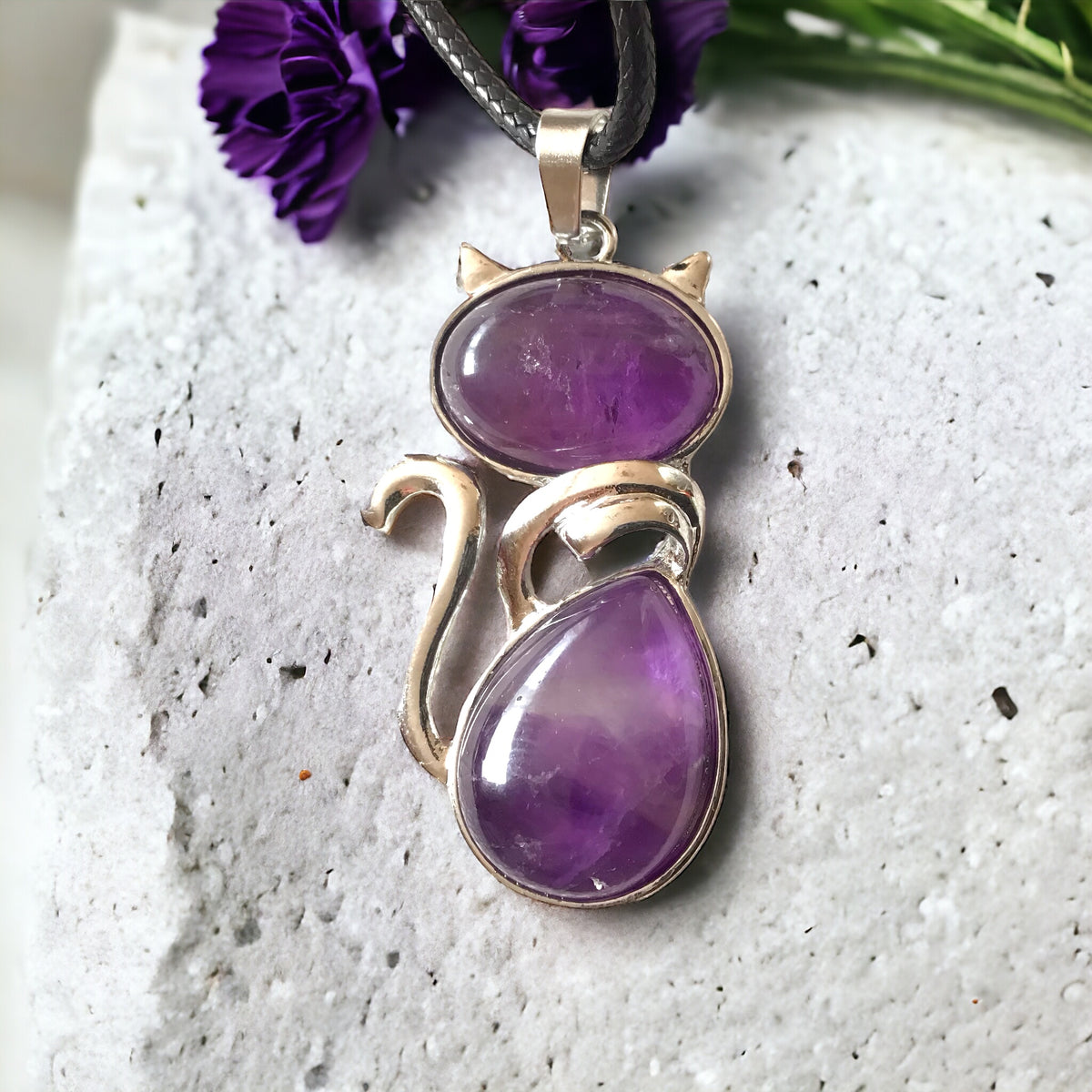 Für Katzenliebhaber <3 Steinfixx® - Edelstein Kette mit Katzen Anhänger | doppelte Edelsteine | Edelstahl versilbert | für Katzenliebhaber |farbintensiv | Sale