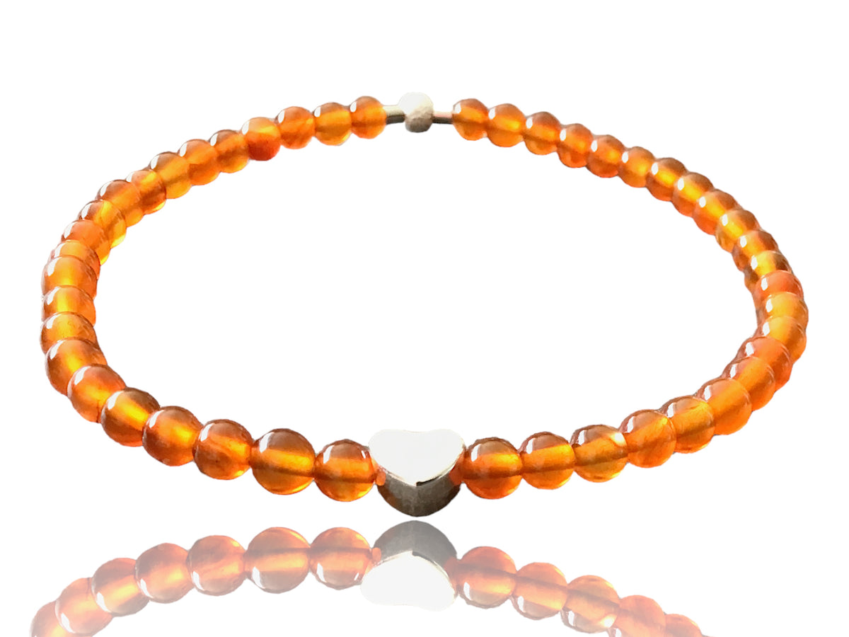 Steinfixx® - Carneol Perlenarmband handgemacht mit 925 Silber Perle und versilbertem Herzchen - KRAFTSTEIN - Hochwertiges Edelsteinarmband Armband für Damen & Herren