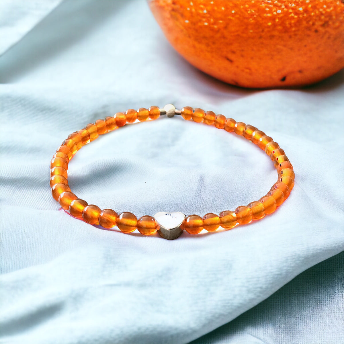 Steinfixx® - Carneol Perlenarmband handgemacht mit 925 Silber Perle und versilbertem Herzchen - KRAFTSTEIN - Hochwertiges Edelsteinarmband Armband für Damen & Herren