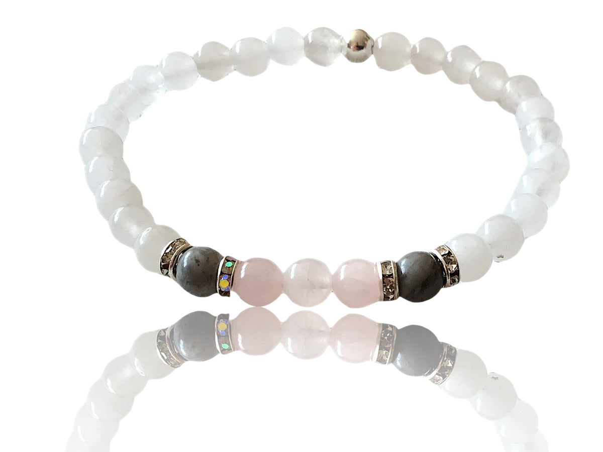 Steinfixx® - Fühl dich wohl Perlenarmband Handmade Weiße Jade, Rosenquarz und Picasso Marmor mit Silberelementen - Hochwertiges Edelsteinarmband L