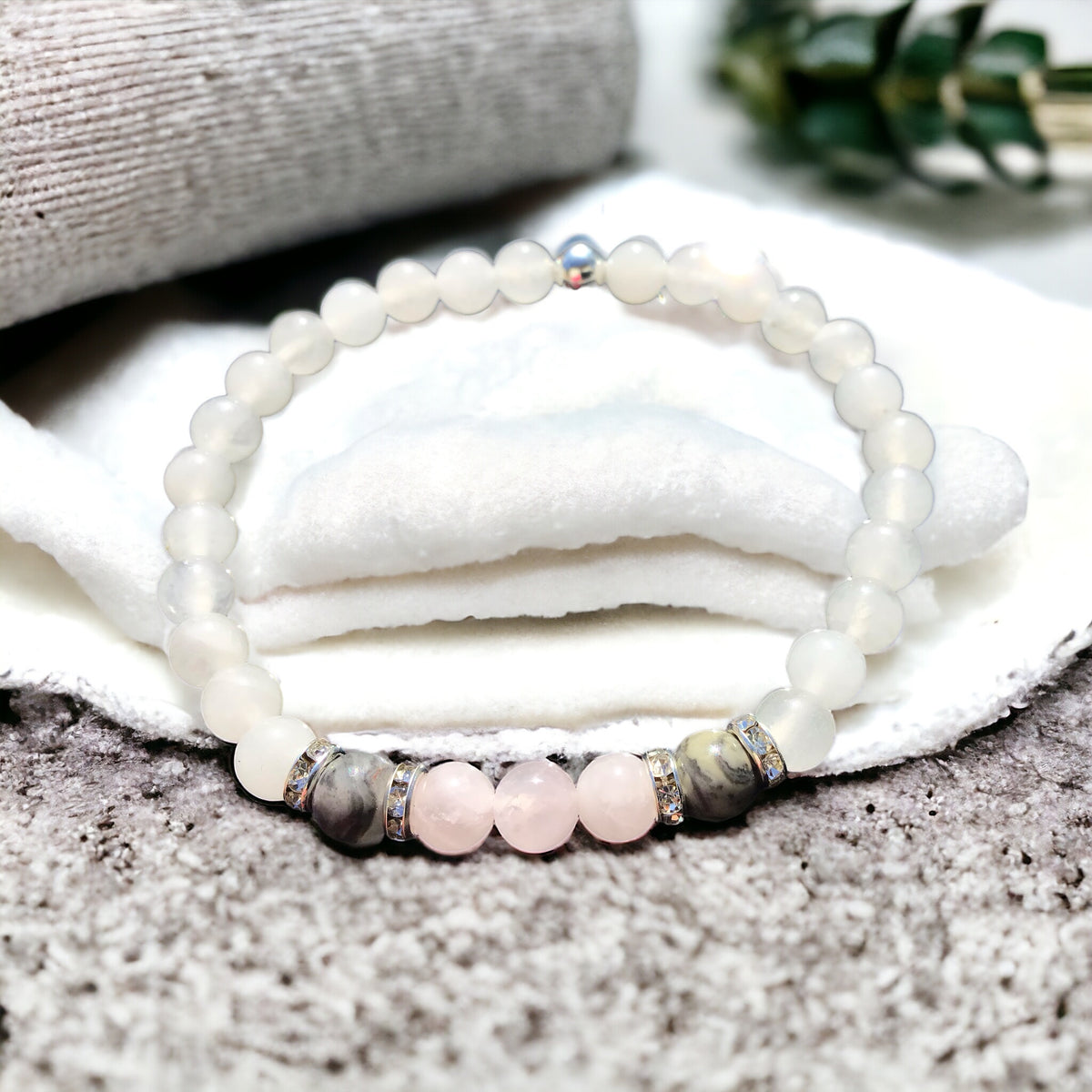 Steinfixx® - Fühl dich wohl Perlenarmband Handmade Weiße Jade, Rosenquarz und Picasso Marmor mit Silberelementen - Hochwertiges Edelsteinarmband L