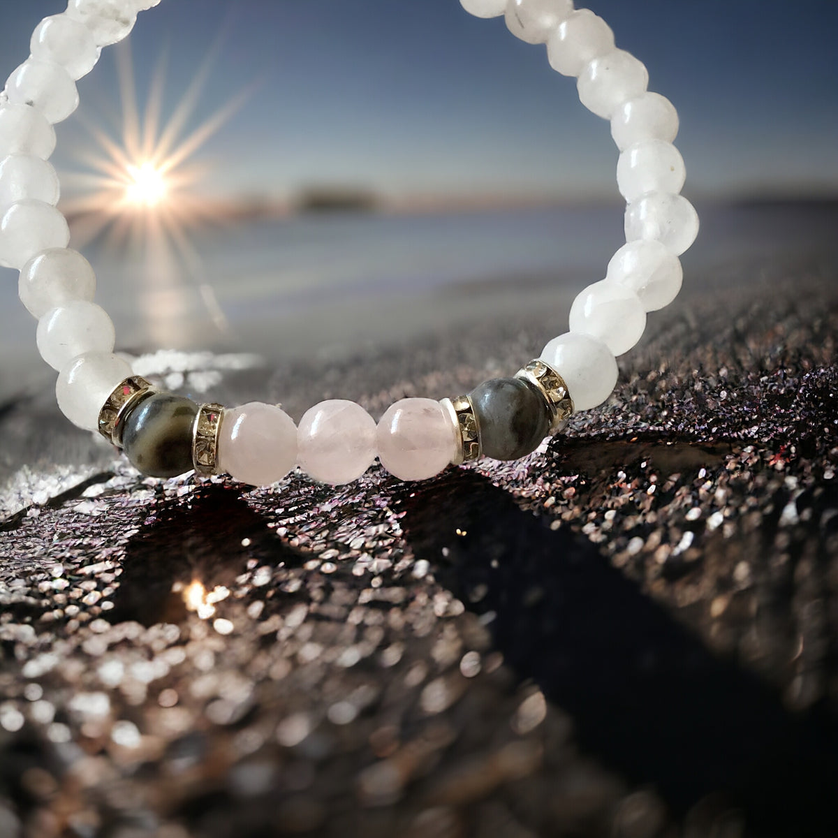 Steinfixx® - Fühl dich wohl Perlenarmband Handmade Weiße Jade, Rosenquarz und Picasso Marmor mit Silberelementen - Hochwertiges Edelsteinarmband L