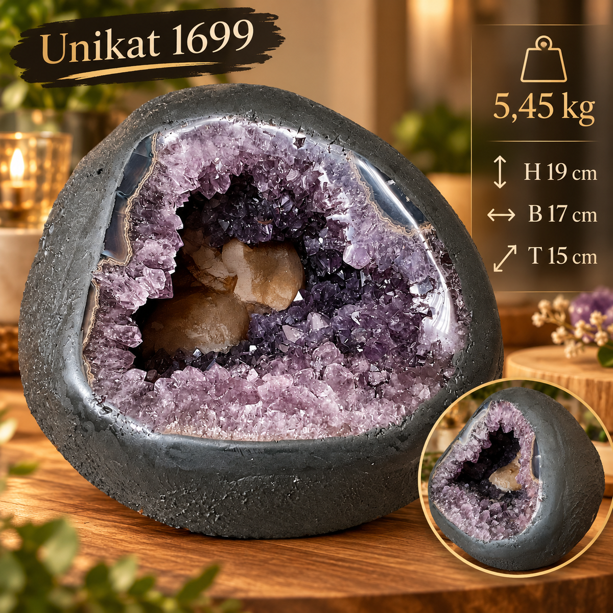 Amethyst Druse AAA-Qualität mit außergewöhnlichen Calcitkristallen & Achatzeichnungen – 5,45 kg – 19 x 17 x 15 cm – Edelstein Dekoration & Sammlerstück – Unikat Masterpiece 1699 – Brasilien