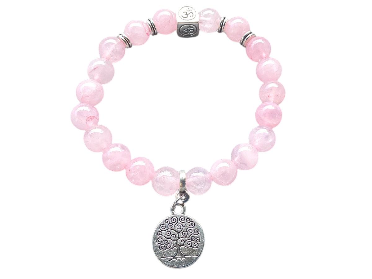 Edles Rosenquarz Perlenarmband 8mm mit Charm Lebensbaum- handgefertigt - incl. Geschenkbox