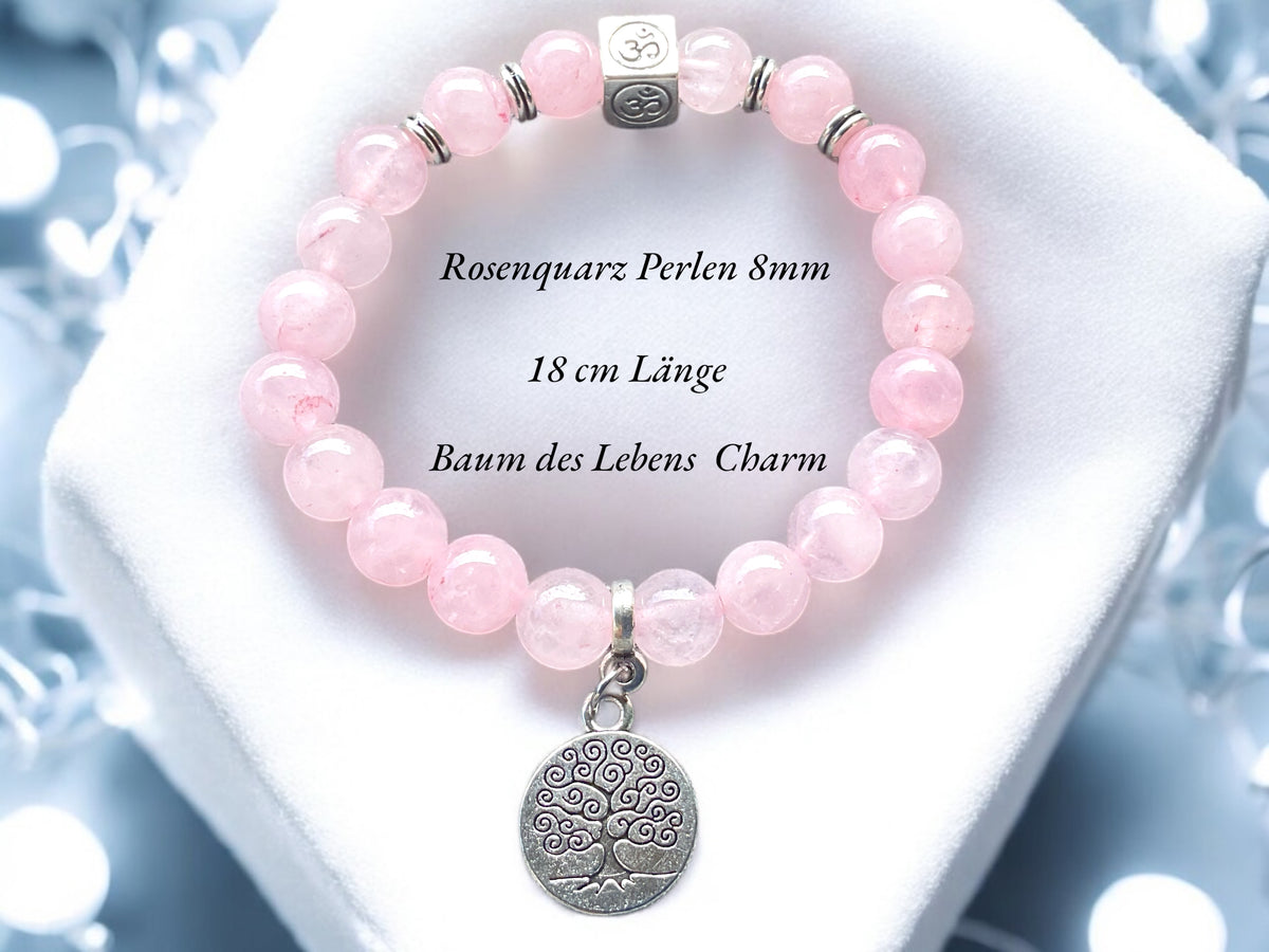 Edles Rosenquarz Perlenarmband 8mm mit Charm Lebensbaum- handgefertigt - incl. Geschenkbox