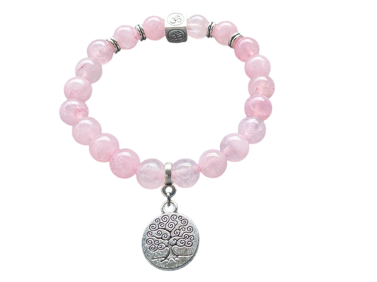 Edles Rosenquarz Perlenarmband 8mm mit Charm Lebensbaum- handgefertigt - incl. Geschenkbox