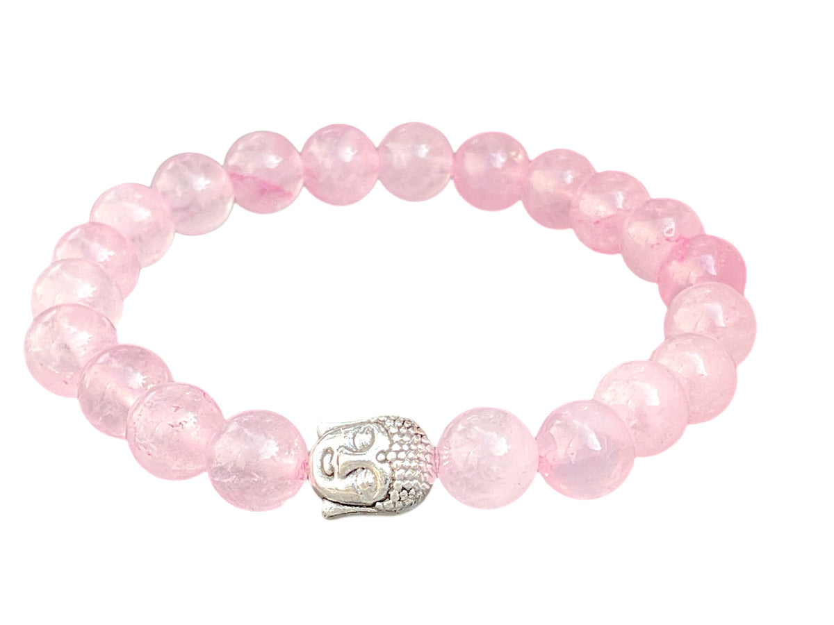 Echtes Rosenquarz Perlenarmband 8mm mit versilberter Edelstahl Buddha Perle - handgefertigt - Madagaskar