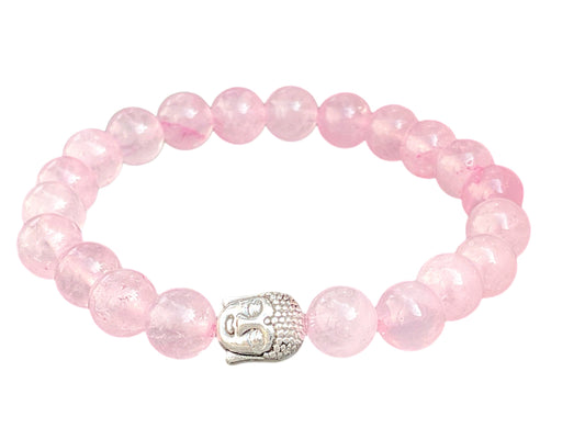 Echtes Rosenquarz Perlenarmband 8mm mit versilberter Edelstahl Buddha Perle - handgefertigt - Madagaskar