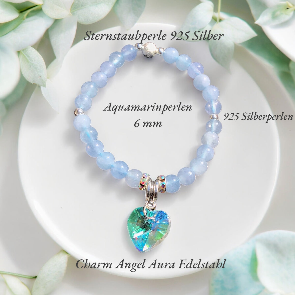 Steinfixx® - Bezauberndes Aquamarin Perlen Armband mit Angel Aura Herz, Sternstaub- und Silberperlen - inclusive edler Geschenkbox - Handmade