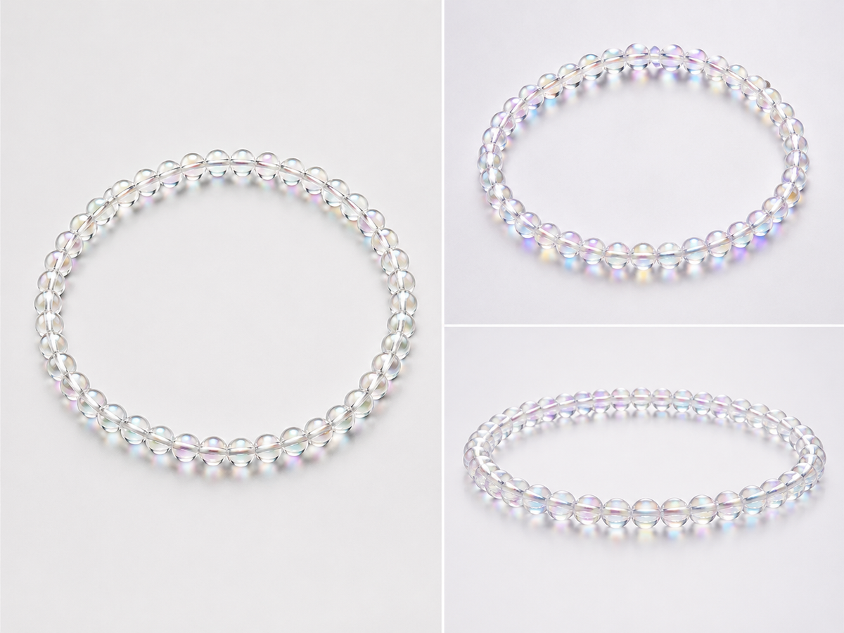Angel Aura Perlenarmband – AAA-Qualität – 4 mm oder 6 mm Edelstein Perlen – Echter Bergkristall veredelt – 18 cm Armband für Damen & Herren