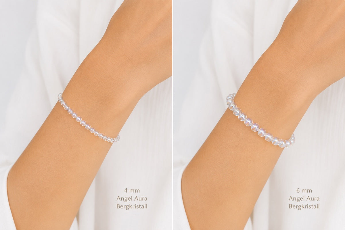 Angel Aura Perlenarmband – AAA-Qualität – 4 mm oder 6 mm Edelstein Perlen – Echter Bergkristall veredelt – 18 cm Armband für Damen & Herren