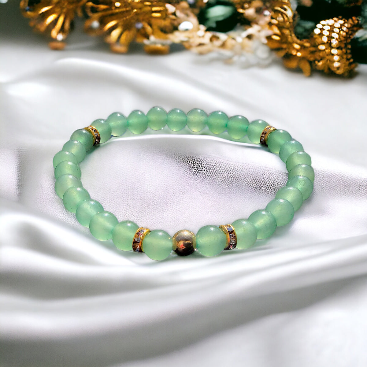 Steinfixx® - Aventurin Perlenarmband handgemacht mit vergoldeter Perle und vergoldeten Strass-Trennern - Mutmacher Hochwertiges Edelsteinarmband Armband für Damen & Herren