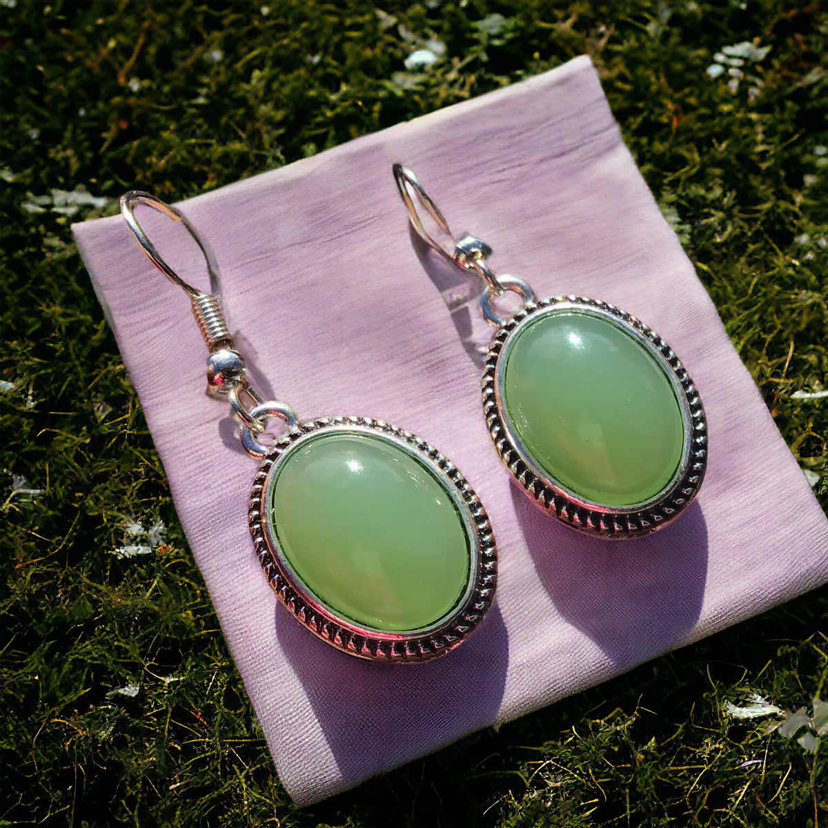 Aventurin Ohrring edle ovale Form | Edelstahl versilbert | Vintage |  in Samtsäckchen | Trachtenschmuck SALE