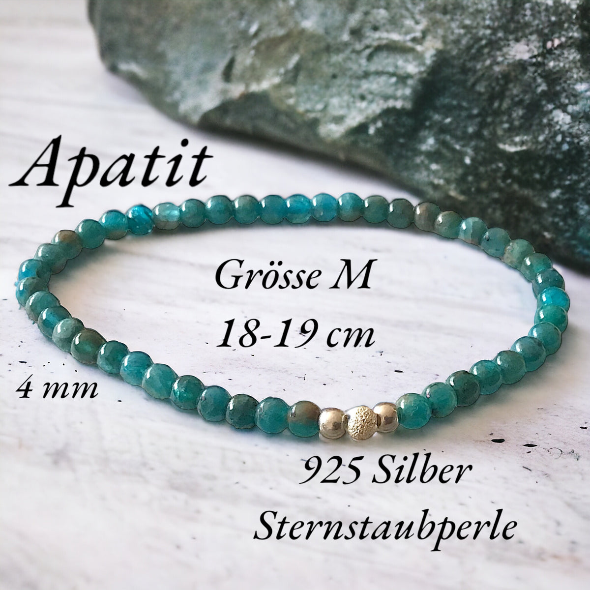 Elegantes Perlenarmband aus Apatit - Hochwertiges Edelsteinarmband mit 925 Silberperlen und silberner Sternstaubperle - handgefertigt - in Geschenkbox - Regeneration - M 18-19 cm