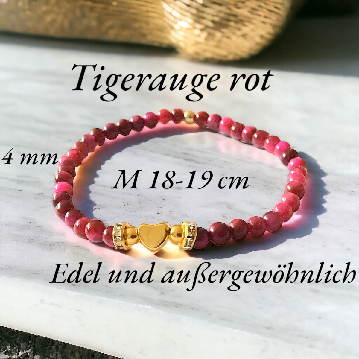 Steinfixx® - Rotes Tigerauge Perlenarmband handgemacht mit vergoldeten Perlen, Trennern und Herzchen  - STARKER SCHUTZSTEIN - in Geschenkbox - Hochwertiges Edelsteinarmband Handmade