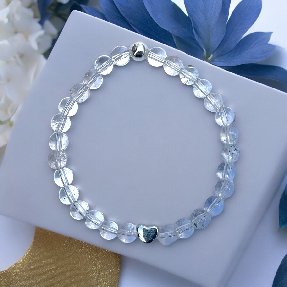 Bergkristall Edelstein Perlen Armband  *HEILUNG*  - mit 925 Silberperle und versilbertem Herzchen in Steinfixx Geschenkbox - Handmade