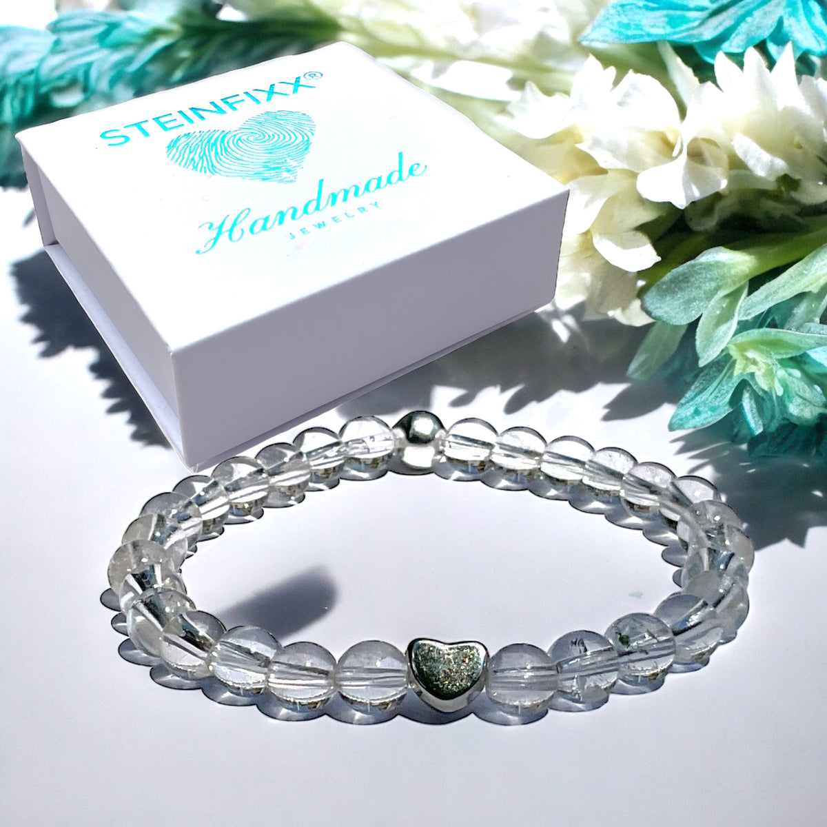 Bergkristall Edelstein Perlen Armband  *HEILUNG*  - mit 925 Silberperle und versilbertem Herzchen in Steinfixx Geschenkbox - Handmade