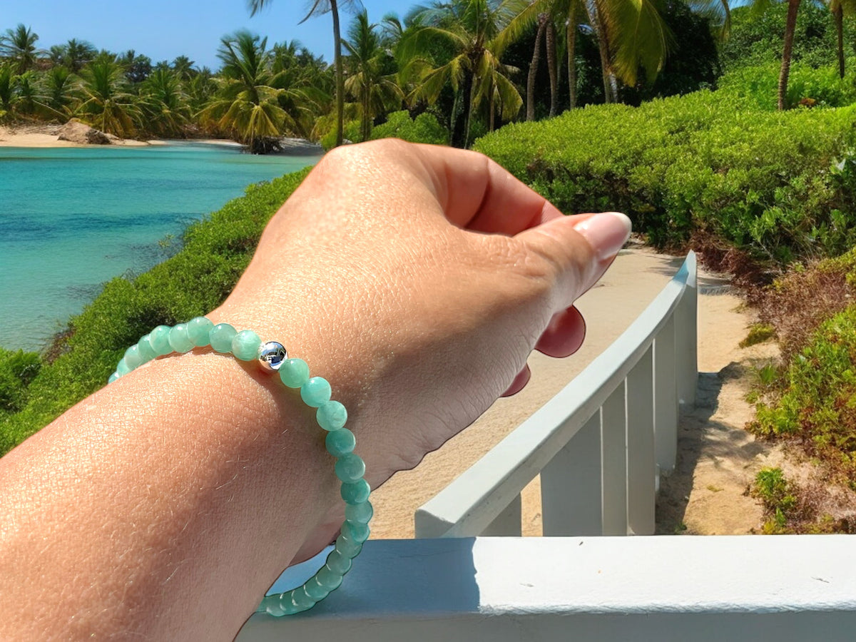 Steinfixx® Edelstein Perlenarmband Amazonit Ice mit 925 Silberperle und Herz oder Stern| Energieschmuck | in edler Geschenkbox | Handmade