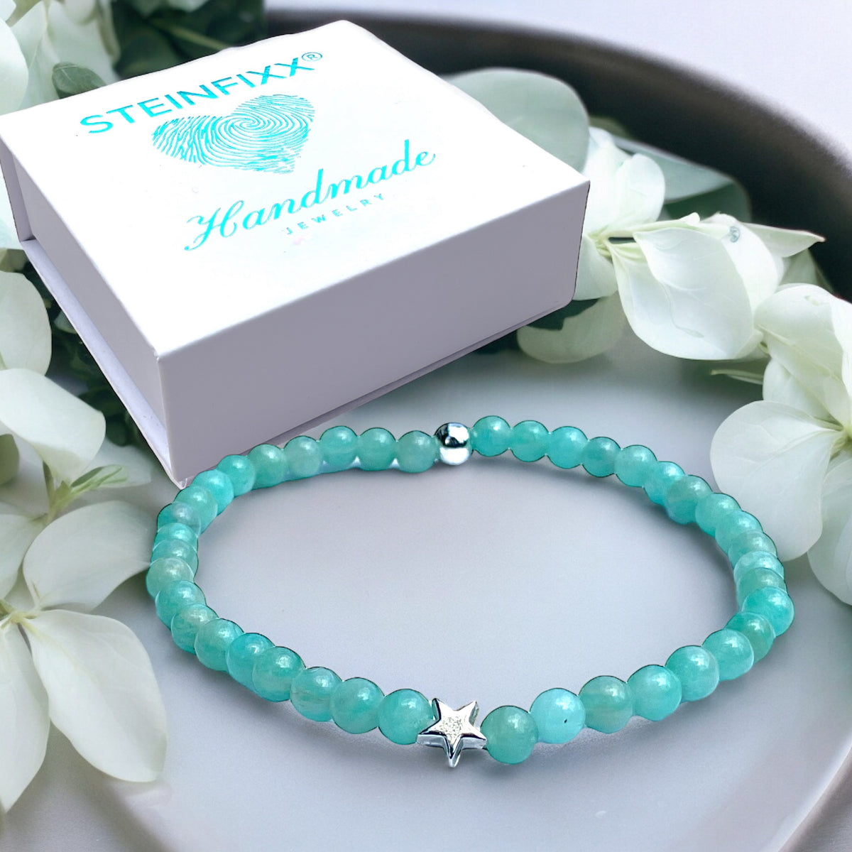 Steinfixx® Edelstein Perlenarmband Amazonit Ice mit 925 Silberperle und Herz oder Stern| Energieschmuck | in edler Geschenkbox | Handmade