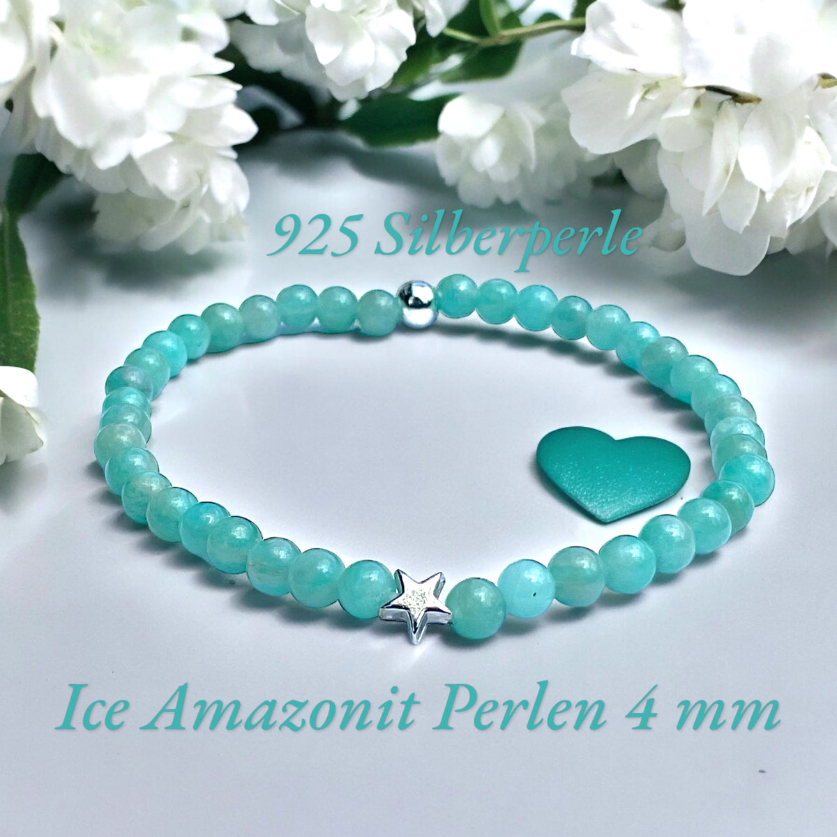 Steinfixx® Edelstein Perlenarmband Amazonit Ice mit 925 Silberperle und Herz oder Stern| Energieschmuck | in edler Geschenkbox | Handmade